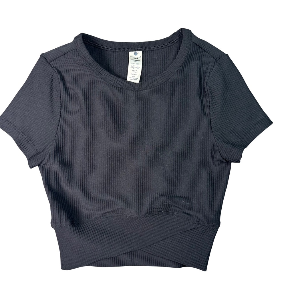 Yogalicious Girls Rib Maisie Top Black Crossover Athletic Crop Shirt Size 7-8